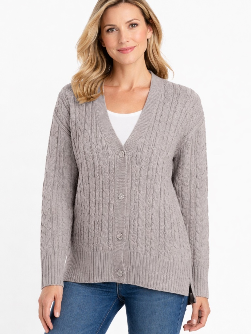 Anne Klein - Rhinestone Button‎ Cable Knit Cardigan